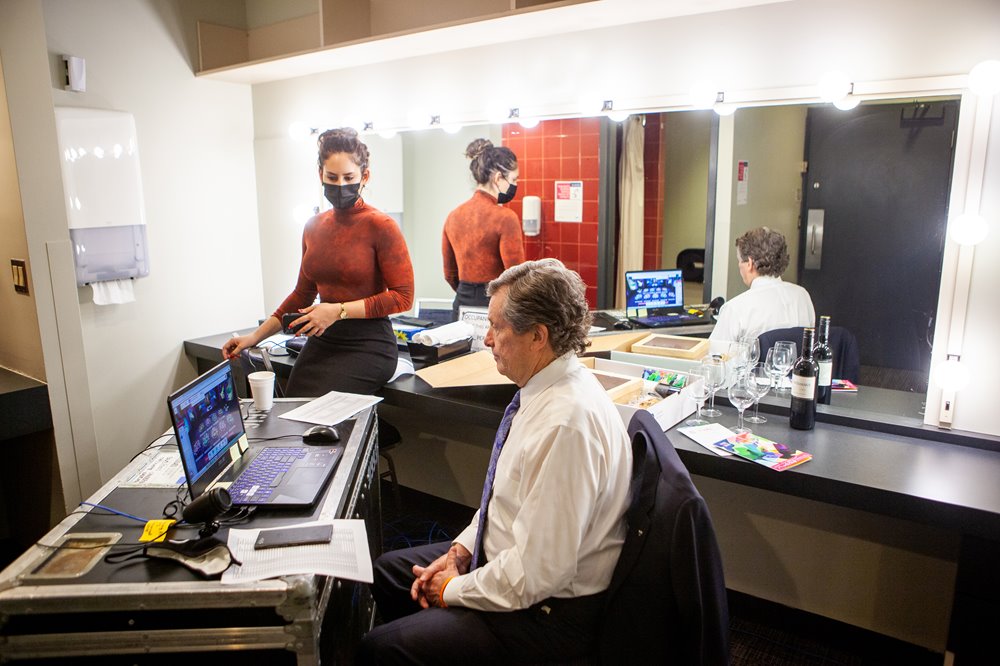 Toronto Mayor John Tory in the Green Room sits down and speaks to online guests at his computer