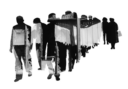 Black and white digitally altered image of people in a line 