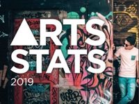 A man stands by a door among a wall of graffiti with the words Arts Stats 2019 overlaid