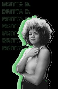 Britta B. standing, arms folded looking left at camera. She has a green silhouette around her against a black background, with her name repeatedly printed on it.