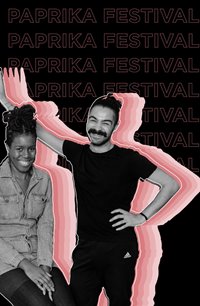 A woman, seated and a man standing, both smile at the camera. They are surrounded in a pink aura against a black background with the words PAPRIKA FESTIVAL on it. repeating 