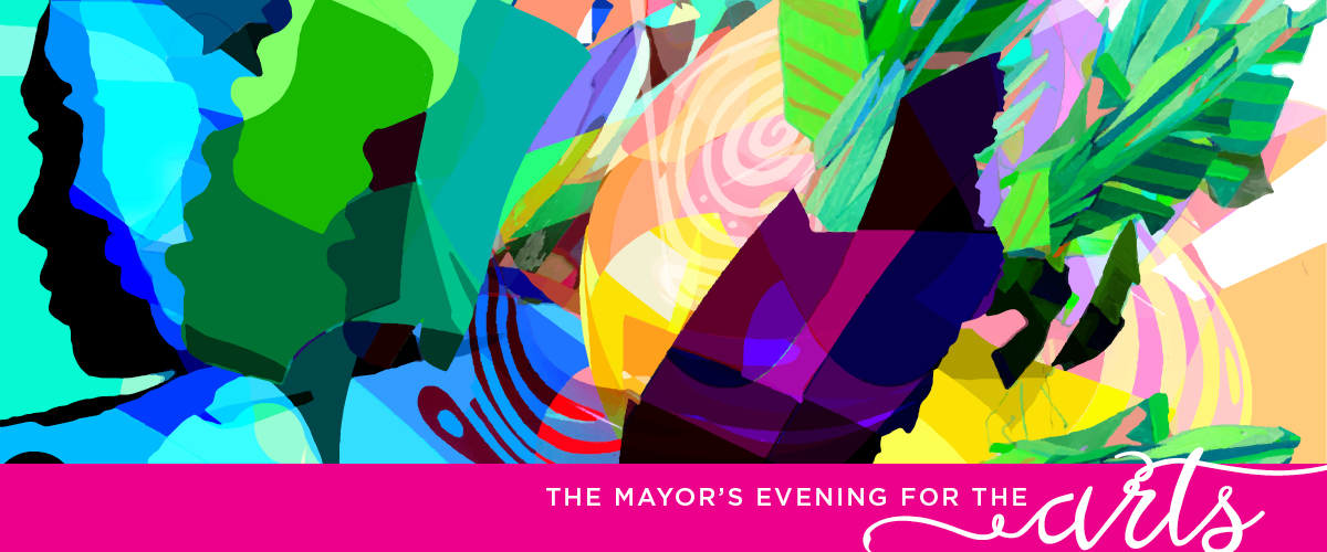 An abstract painting filled with blues, pinks, greens, yellows that form overlapping swirls and shapes. The text "The Mayor's Evening for the Arts" appears on a pink ribbon below