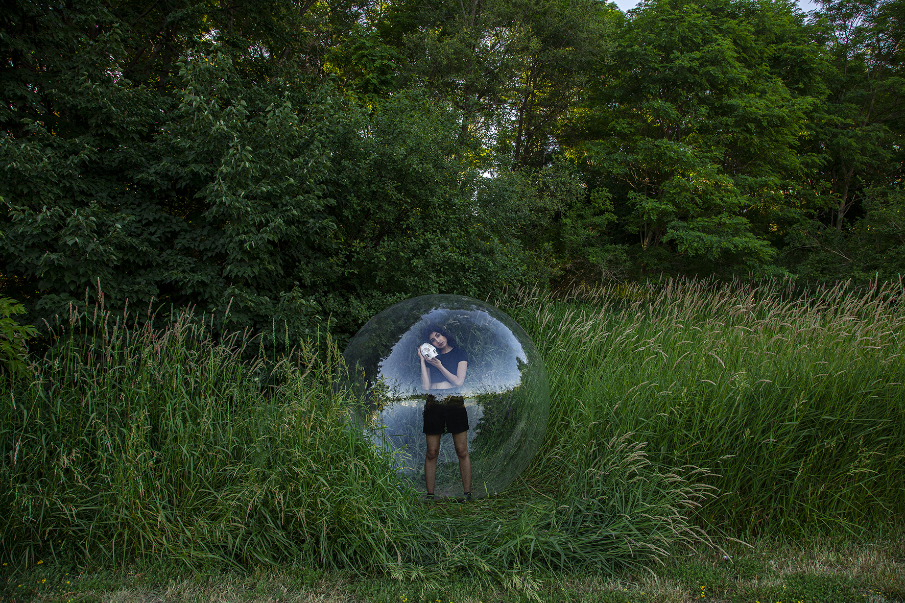 A photo of a person inside a large orb in a green field.