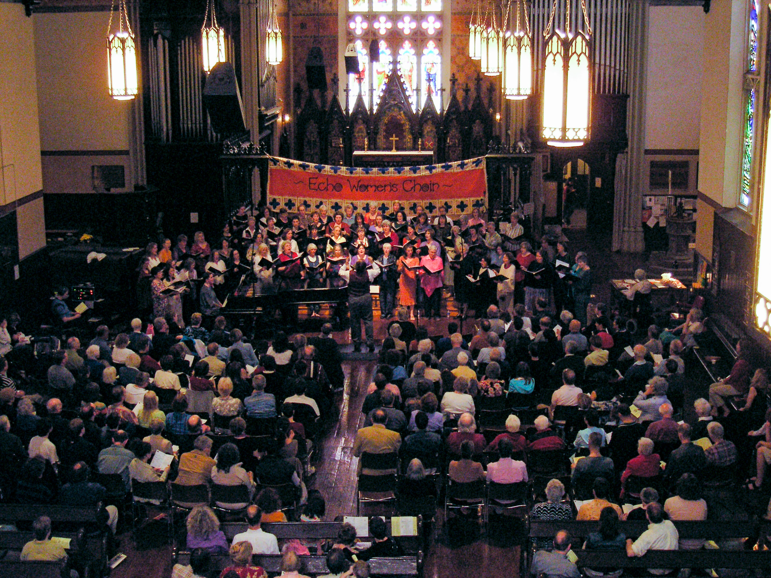 A choir sings in a church.