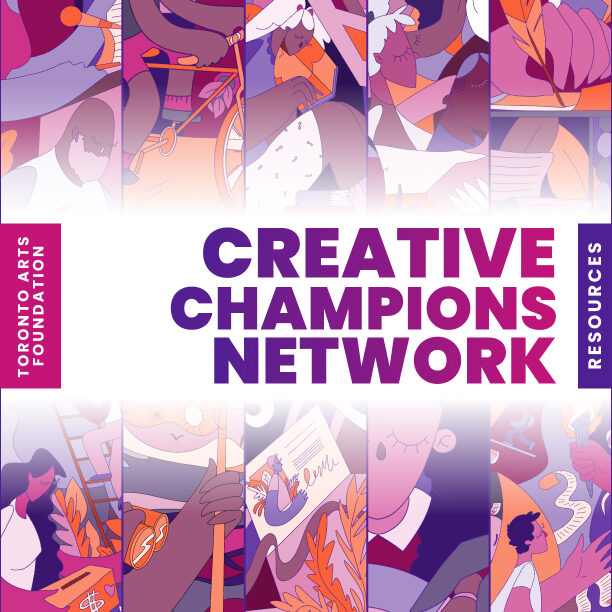 Creative Champions Network cover page with illustrations of people and artwork in the background