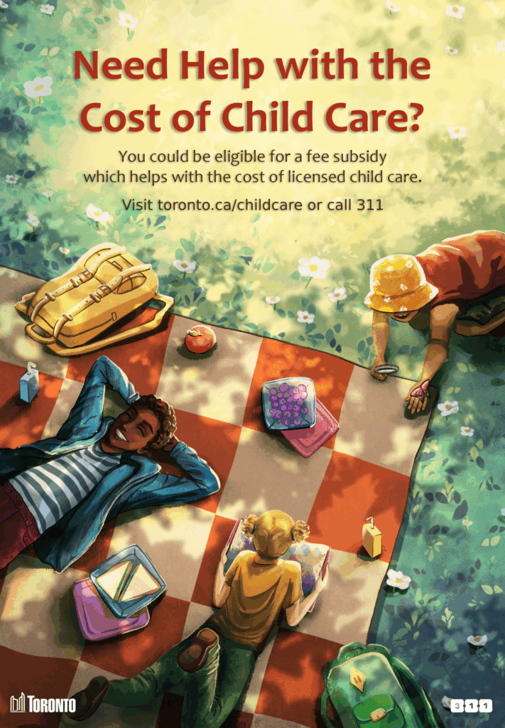 digital illustration of a family having a picnic where the kids are playing and the dad is relaxing lying down on a checkered mat in a park - cost of child care? written