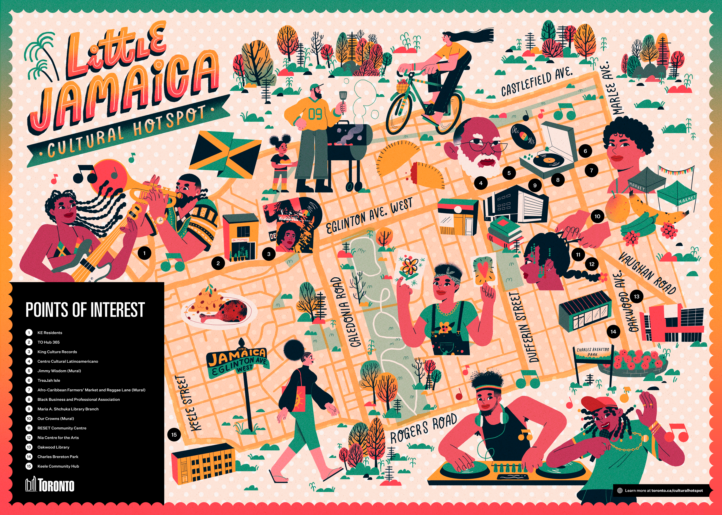 Little Jamaica map illustration with neighbourhoods, key elements and points of interest list