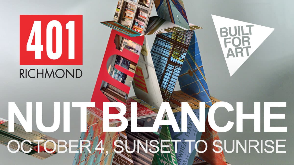 Promotional graphic for Nuit Blanche at 401 Richmond. The background features a large house of cards made from images of books, windows, and architectural details. On the left, a red square reads “401 Richmond.” On the right, a white triangle with grey text says “Built for Art.” Bold white text at the bottom announces: “Nuit Blanche – October 4, Sunset to Sunrise.”
