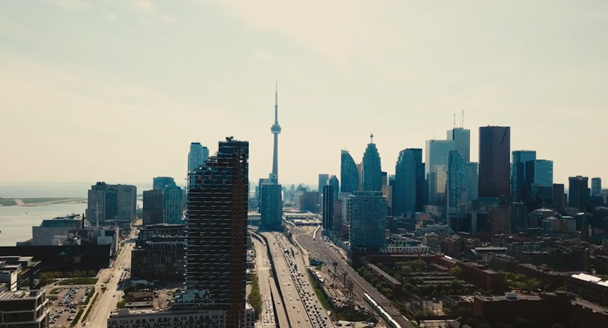 City of Toronto skyline with the CN tower in the center - taken from a height - at dusk