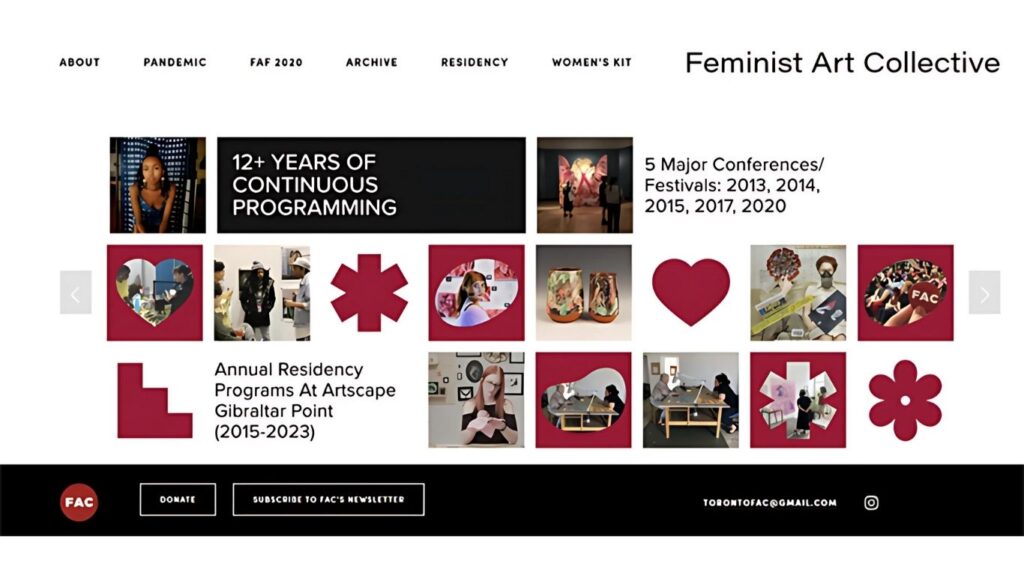 Webpage of Feminist Art Collective showing various artists and programs in a grid