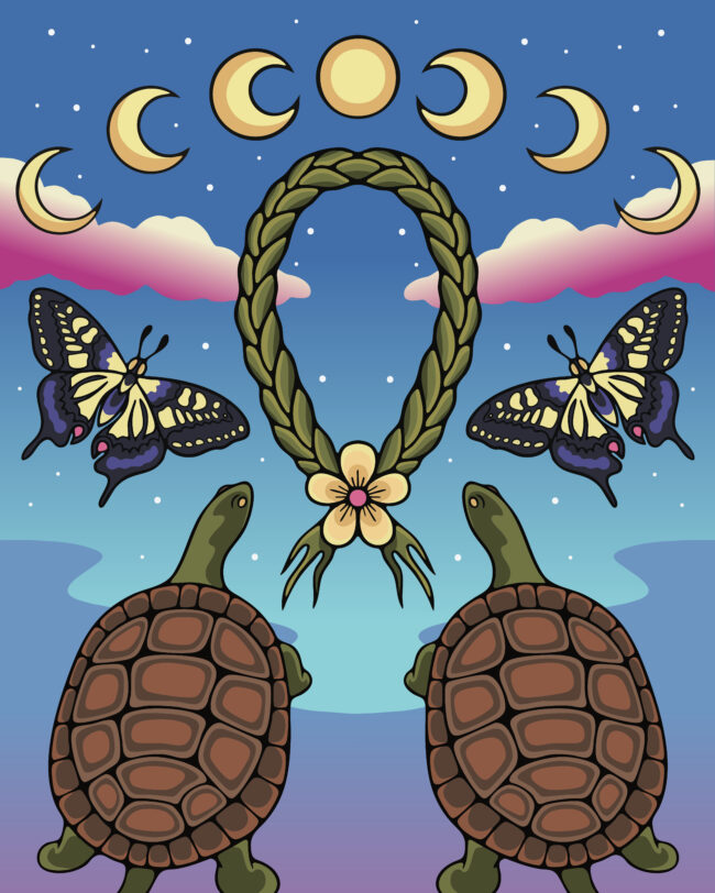 Illustration of turtles, butterfly and moon phases symmetrical on both sides with blue sky and pink clouds background
