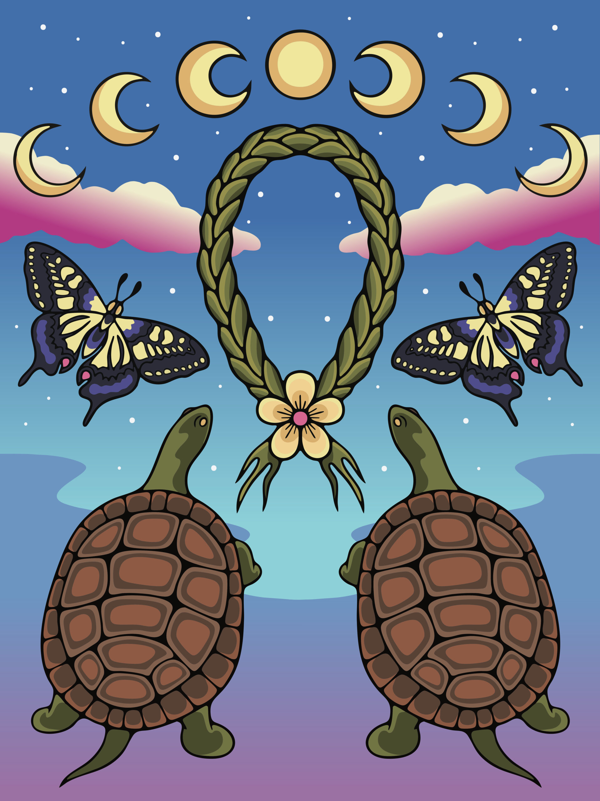 Illustration of turtles, butterfly and moon phases symmetrical on both sides with blue sky and pink clouds background