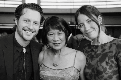 Toronto Mayor Olivia Chow smiles with actors Noah Reid (Schitt's Creek) and Clare Stone.