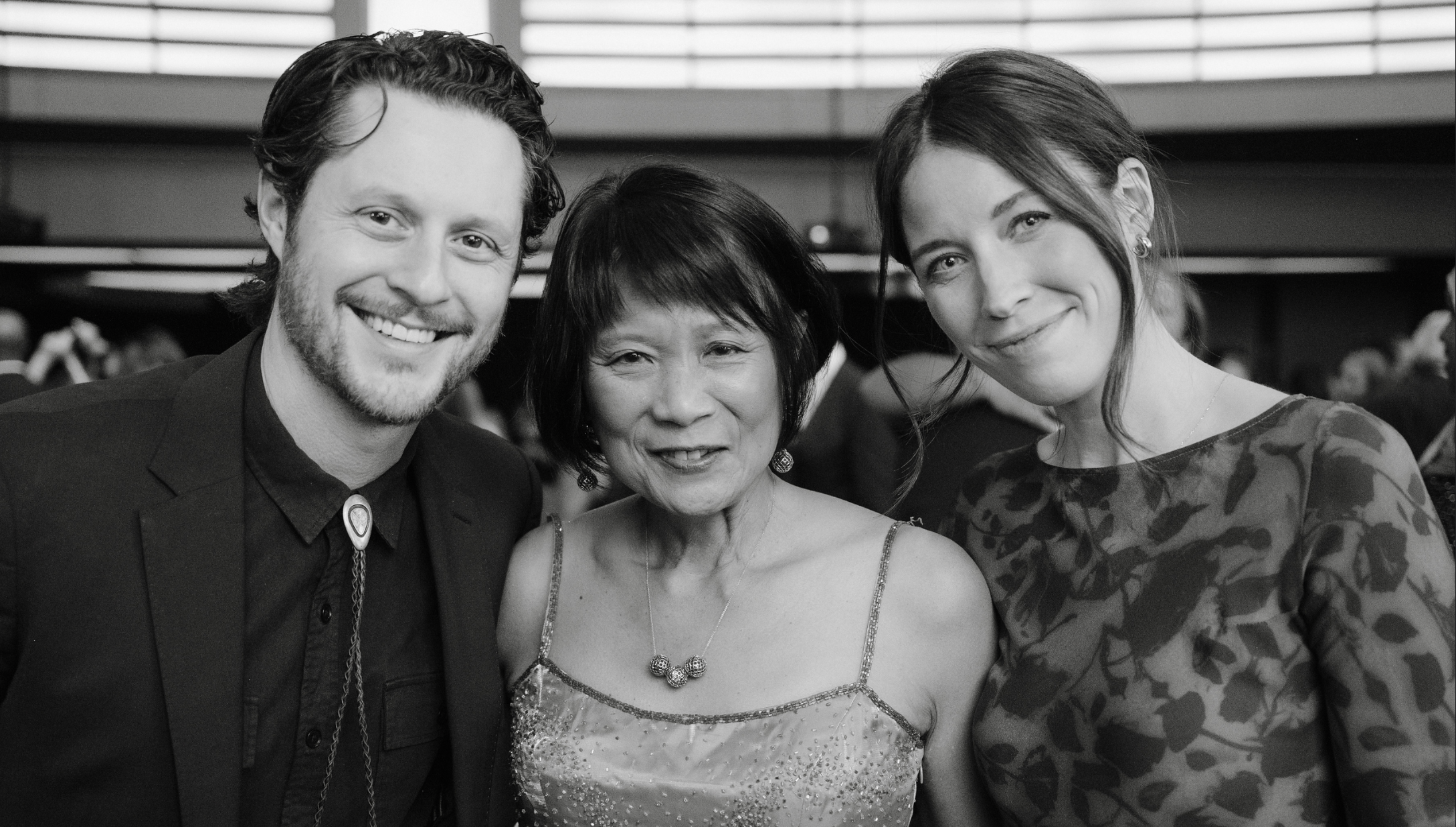 Toronto Mayor Olivia Chow smiles with actors Noah Reid (Schitt's Creek) and Clare Stone.