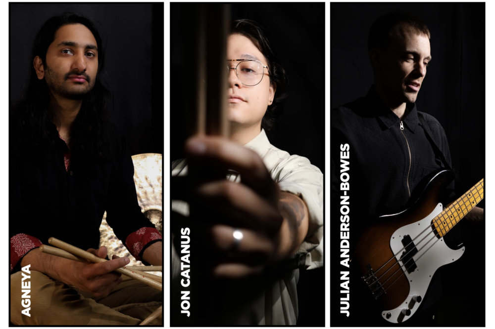 The three Breakthrough Jazz Artist Award finalists for 2026 are photographed with their instruments against a black background.