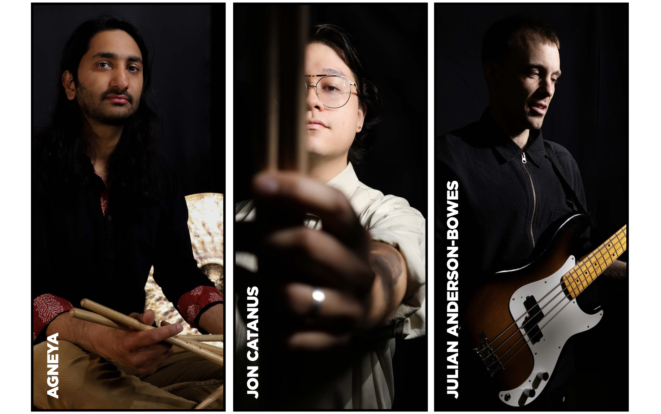 The three Breakthrough Jazz Artist Award finalists for 2026 are photographed with their instruments against a black background.