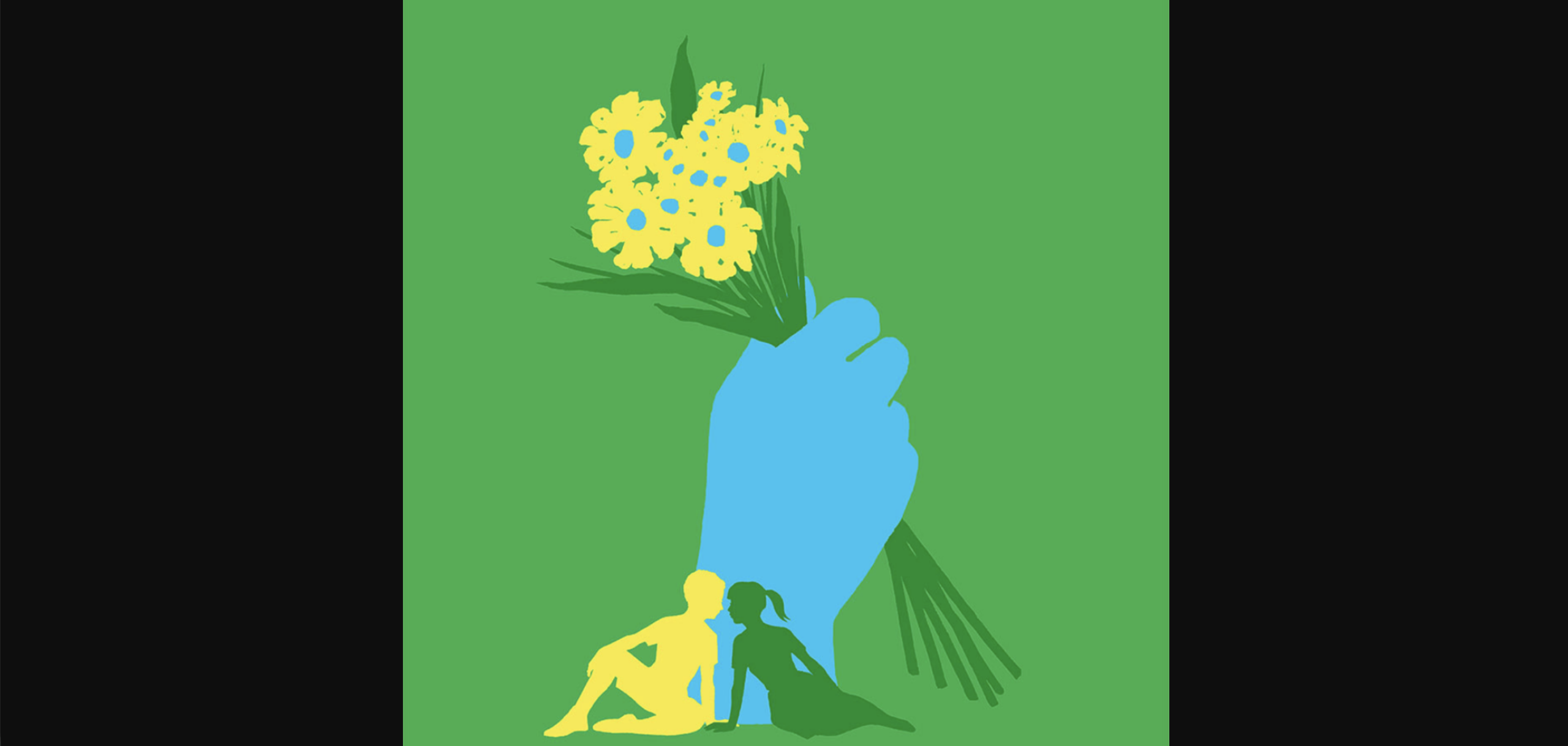 Green background. A large blue hand holds yellow flowers. Underneath the hand sit two people, one yellow, and one green. All in silhouette.