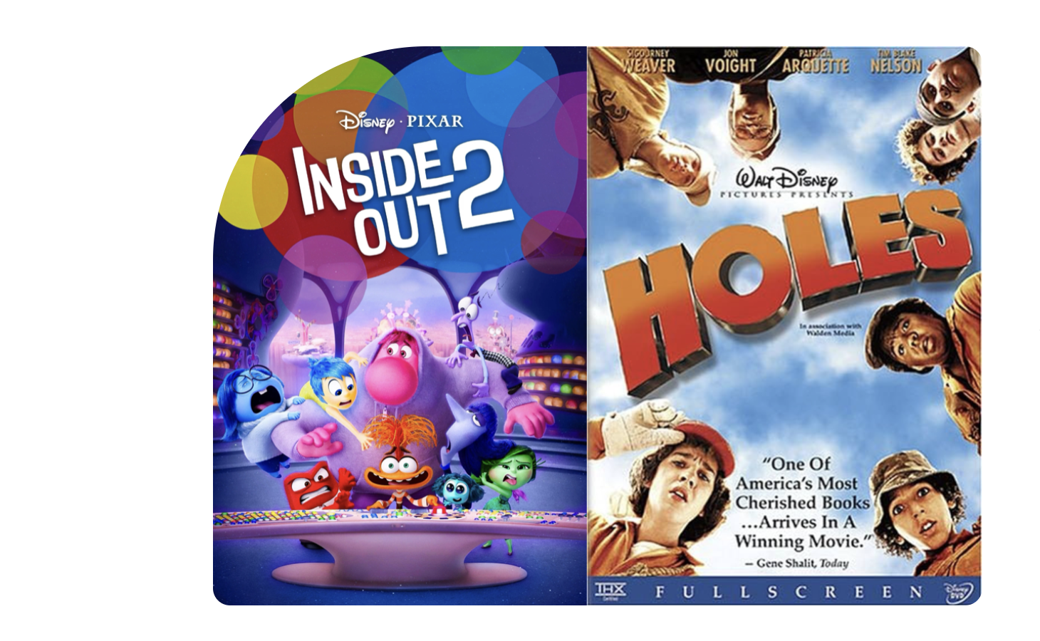 Movie posters for Inside Out 2, and Holes.